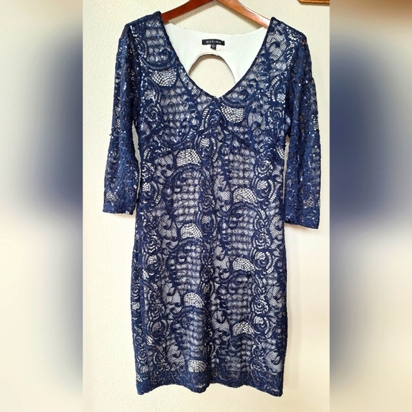 Marina Womens Navy Sequin Lace Overlay Knee Length Dress. Size 8 - Picture 1 of 8